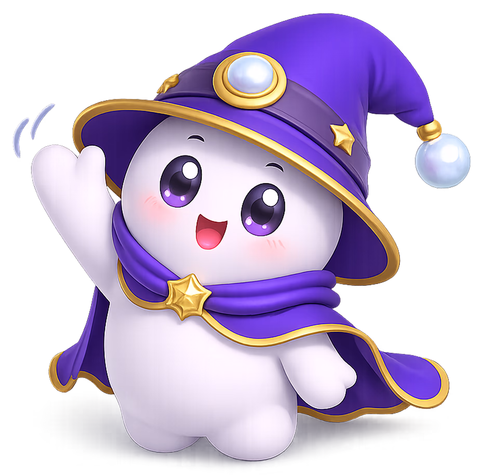 Orbi, the Orbilab mascot: a round white spirit in a purple wizard hat and cape, waving hello